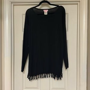 Lilly Pulitzer black scoop neck sweater with fringe, size large
